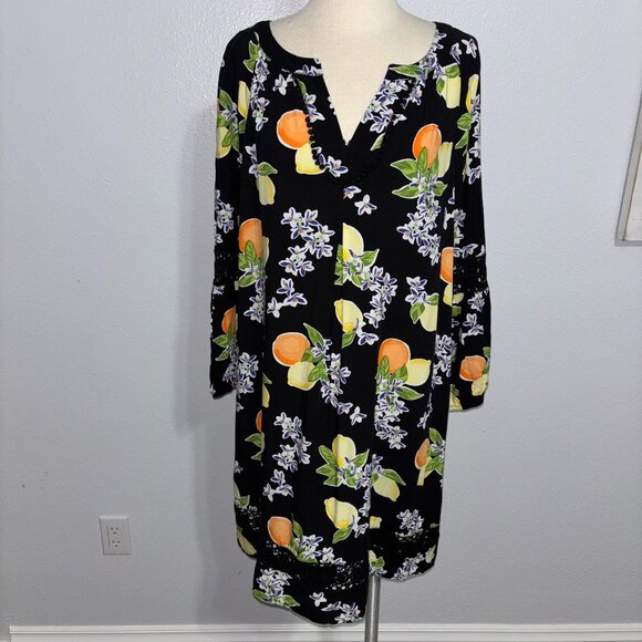crown & ivy Dresses & Skirts - Crown‎ & Ivy XL Black Citrus Lemons Oranges Boho Dress Pom Trim Crochet Rayon